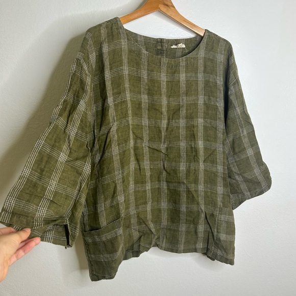 Eileen Fisher 100% Organic Linen Green Check Oversized Short Sleeve Shirt Size M - Picture 1 of 16